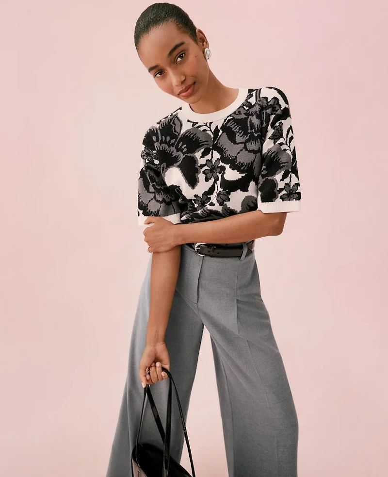 Ann Taylor Floral Jacquard Sweater T-Shirt Black Women's