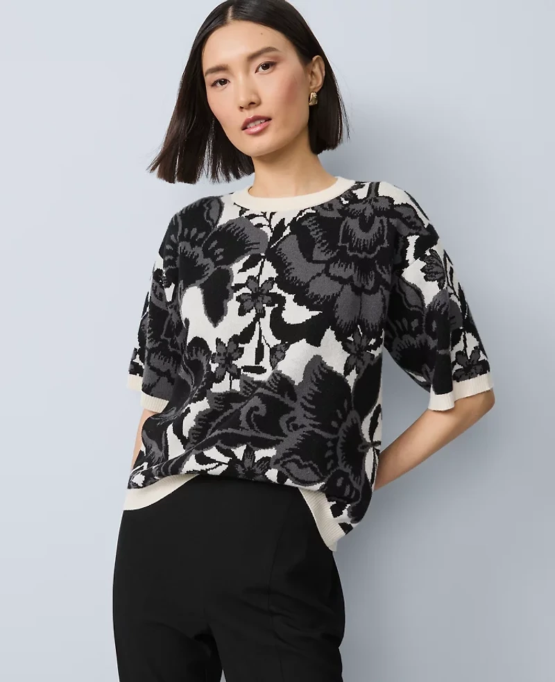 Ann Taylor Floral Jacquard Sweater T-Shirt Black Women's