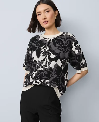 Ann Taylor Floral Jacquard Sweater T-Shirt Black Women's