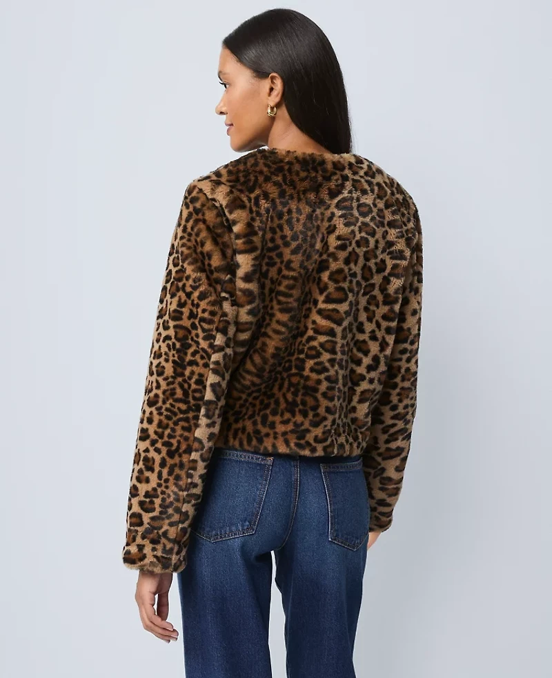 Ann Taylor Petite Weekend Collection Faux Fur Animal Print Jacket Textured Leopard Women's