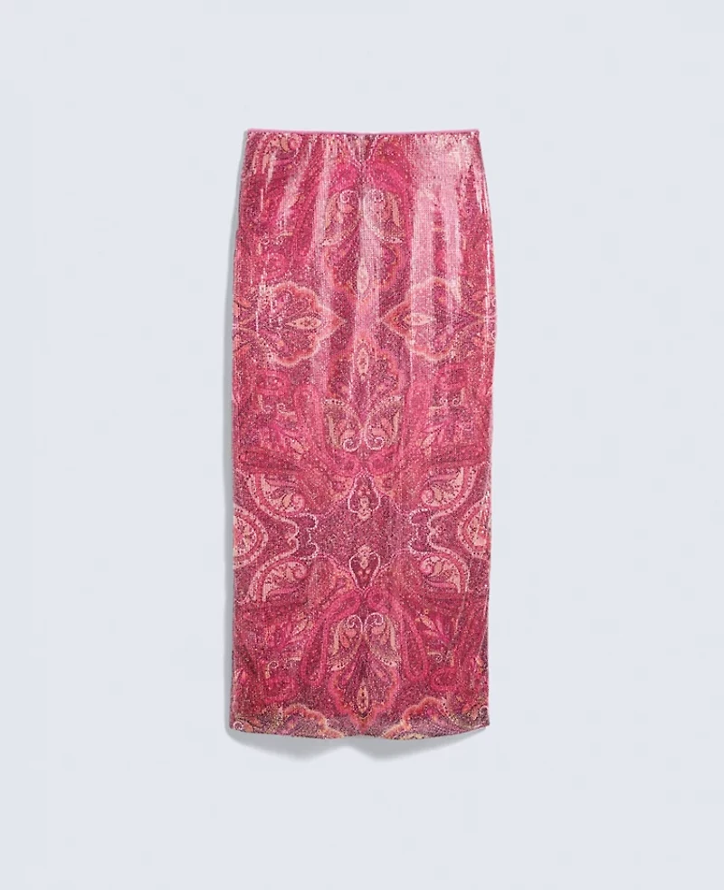 Ann Taylor Petite Sequin Paisley Column Midi Skirt Poised Plum Women's