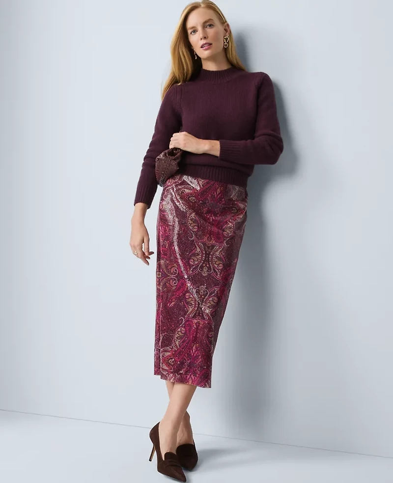 Ann Taylor Petite Sequin Paisley Column Midi Skirt Poised Plum Women's