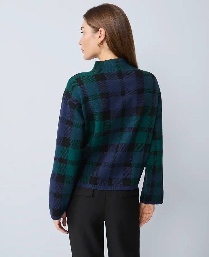 Ann Taylor Plaid Mock Neck Sweater Size Large Rainforest Women's