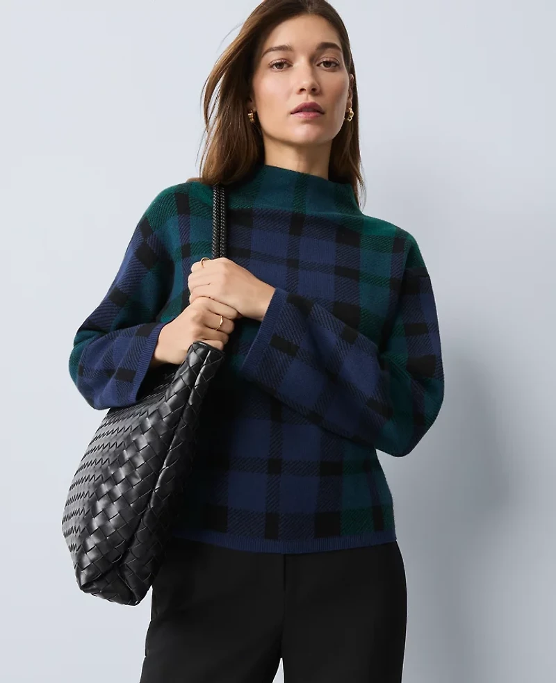 Ann Taylor Plaid Mock Neck Sweater Size Large Rainforest Women's