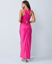 Ann Taylor Petite Halter Bias Satin Maxi Dress Electric Pink Women's