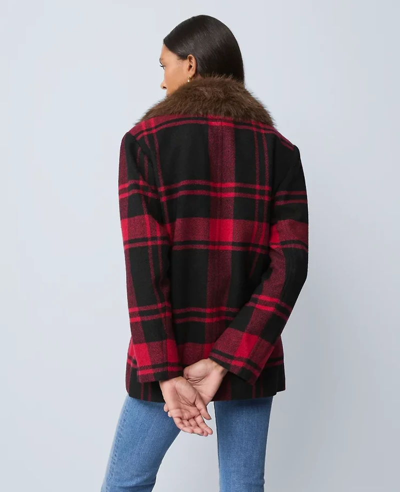 Ann Taylor Weekend Collection Plaid Faux Fur Trimmed Peacoat Black Women's