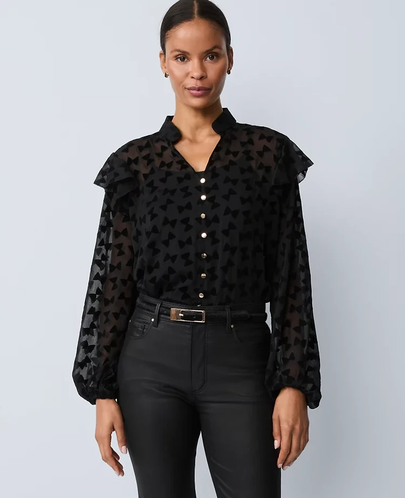 Ann Taylor Ruffle Trim Blouse Black Women's
