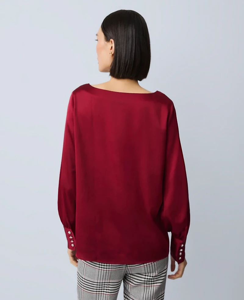 Ann Taylor Petite Satin Boat Neck Popover Top Cherry Pie Women's