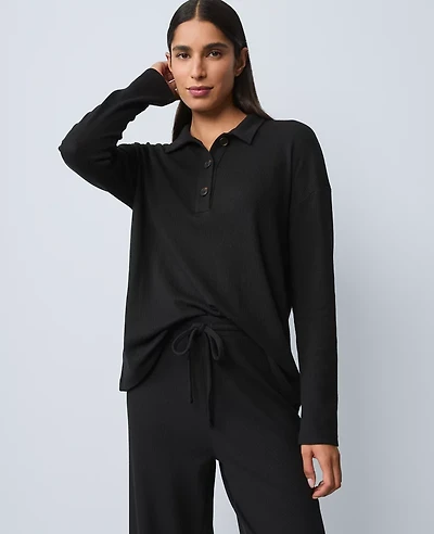 Ann Taylor Waffle Henley Lounge Top Black Women's