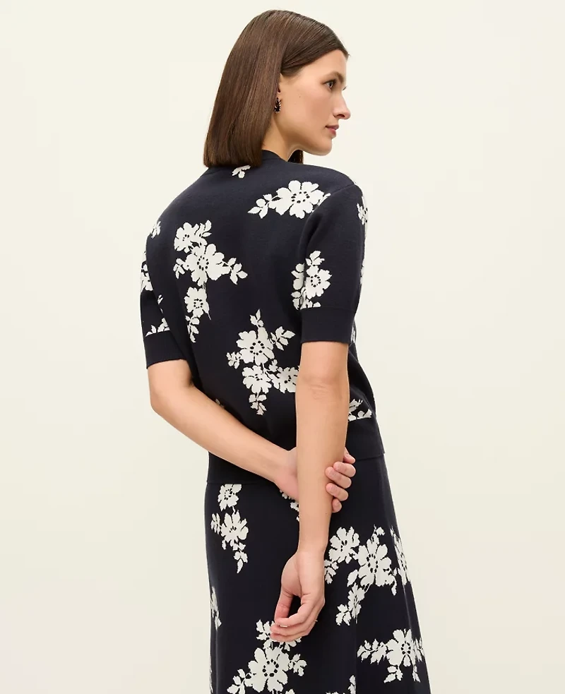 Ann Taylor Floral Jacquard Sweater T-Shirt Night Sky Women's