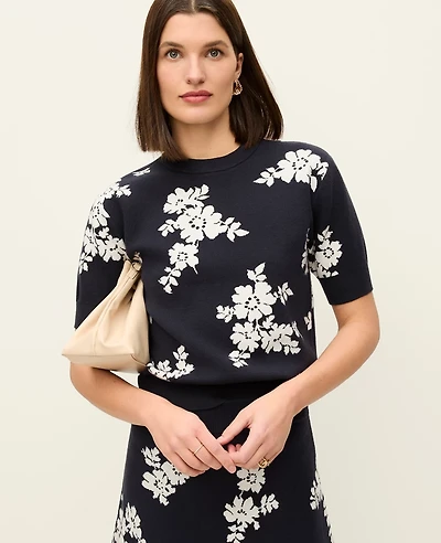 Ann Taylor Floral Jacquard Sweater T-Shirt Night Sky Women's