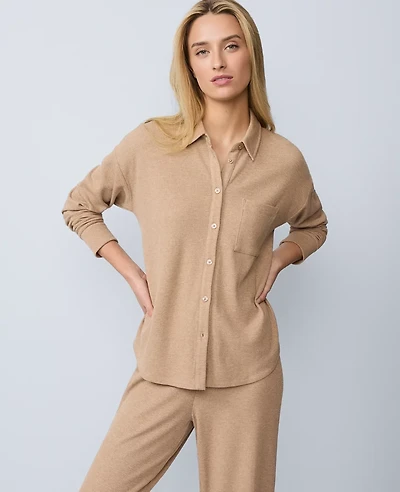 Ann Taylor Waffle Button Down Lounge Top Warm Sand Heather Women's