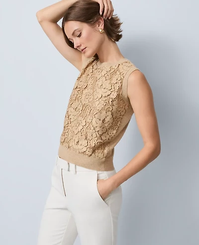 Ann Taylor Lace Sweater Shell Top Camel Melange Women's