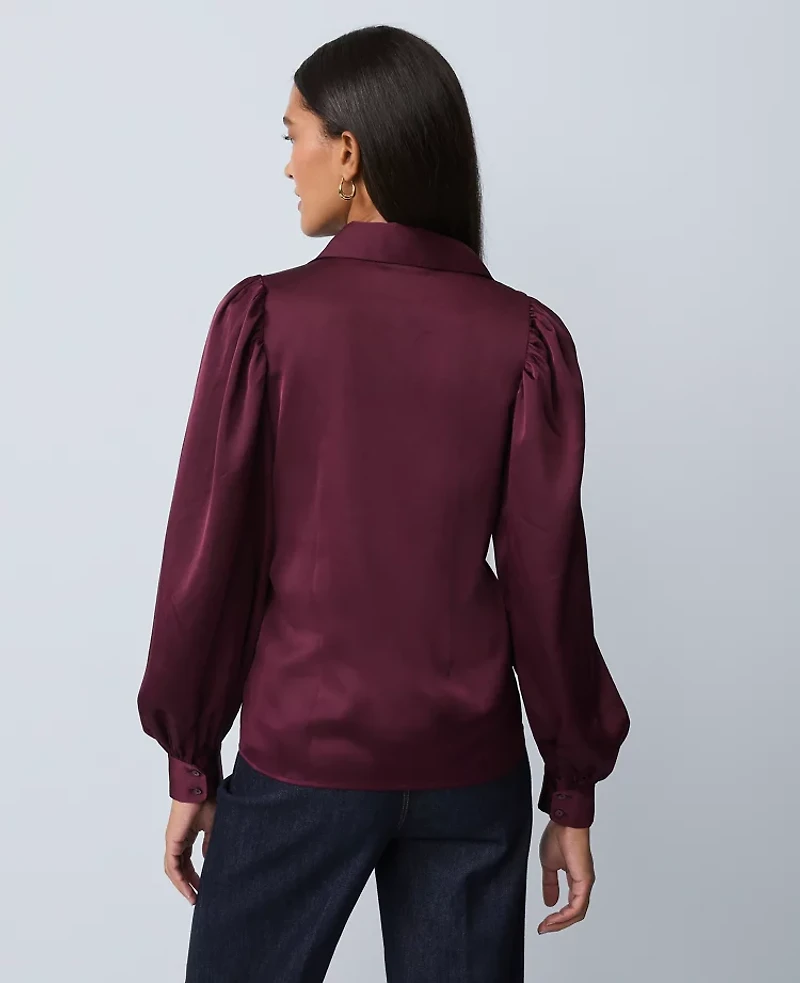 Ann Taylor Petite Satin Blouson Sleeve Blouse Size Medium Poised Plum Women's