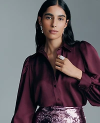 Ann Taylor Petite Satin Blouson Sleeve Blouse Size Medium Poised Plum Women's