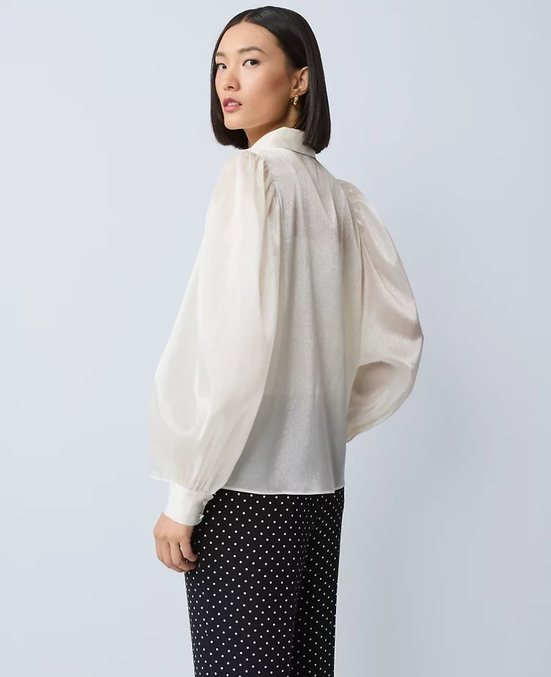 Ann Taylor Petite Collared Shirred Yoke Button Down Shirt Winter White Women's