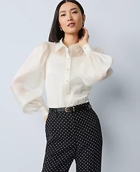 Ann Taylor Petite Collared Shirred Yoke Button Down Shirt Winter White Women's