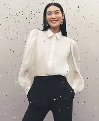Ann Taylor Petite Collared Shirred Yoke Button Down Shirt Winter White Women's