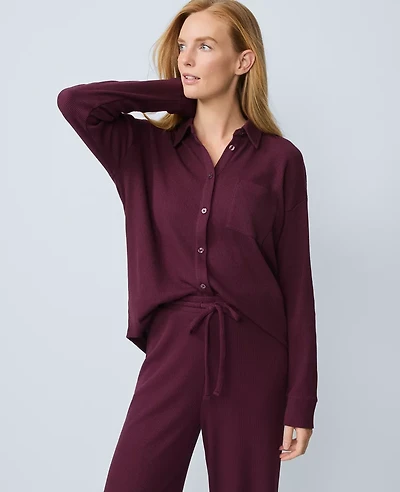 Ann Taylor Waffle Button Down Lounge Top Poised Plum Women's