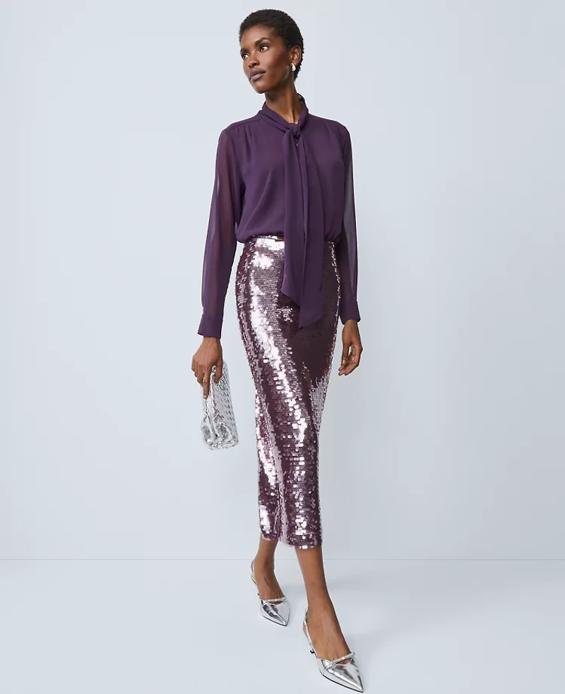 Ann Taylor Petite Sequin Column Midi Skirt Frosted Burgundy Women's