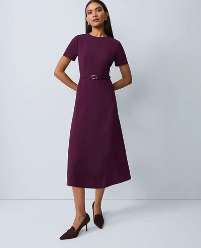 Ann Taylor Petite Belted Crew Neck Midi Dress Winter Bloom Women's