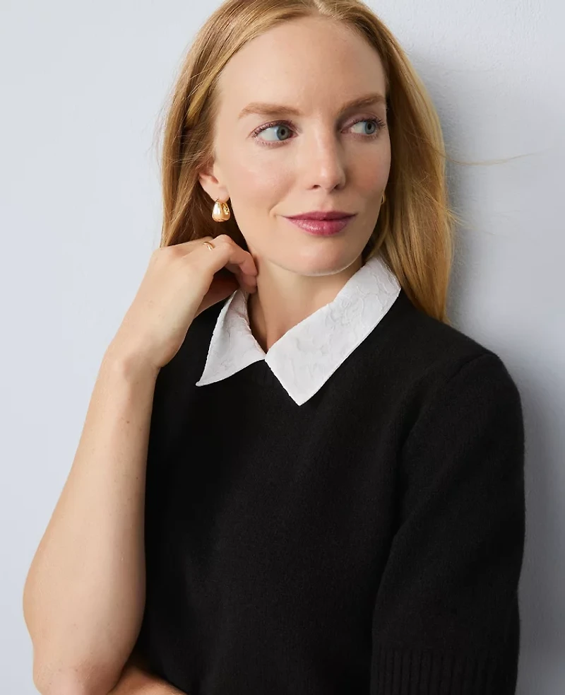 Ann Taylor Petite Lace Collar Sweater T-Shirt Black Women's