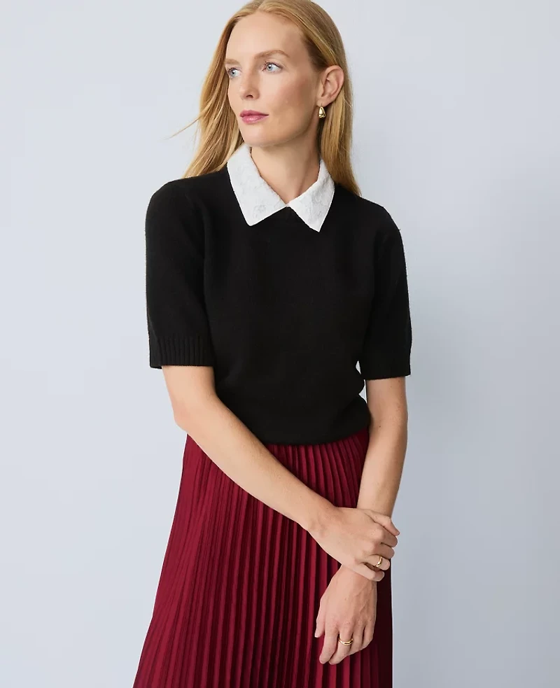 Ann Taylor Petite Lace Collar Sweater T-Shirt Black Women's