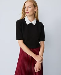 Ann Taylor Petite Lace Collar Sweater T-Shirt Black Women's