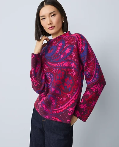 Ann Taylor Paisley Jacquard Mock Neck Sweater Size Large Jewel Red Women's