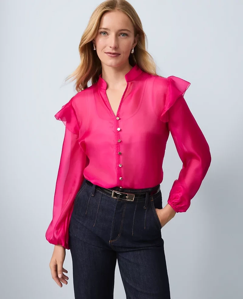 Ann Taylor Ruffle Trim Blouse Size XL Electric Pink Women's