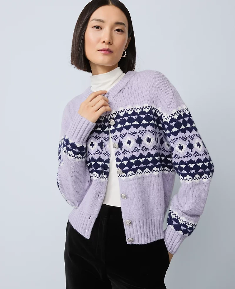 Ann Taylor Petite Fair Isle Cardigan Lavender Bouquet Women's