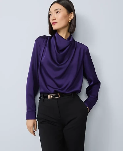 Ann Taylor Mixed Media Cowl Neck Blouse Midnight Mulberry Women's
