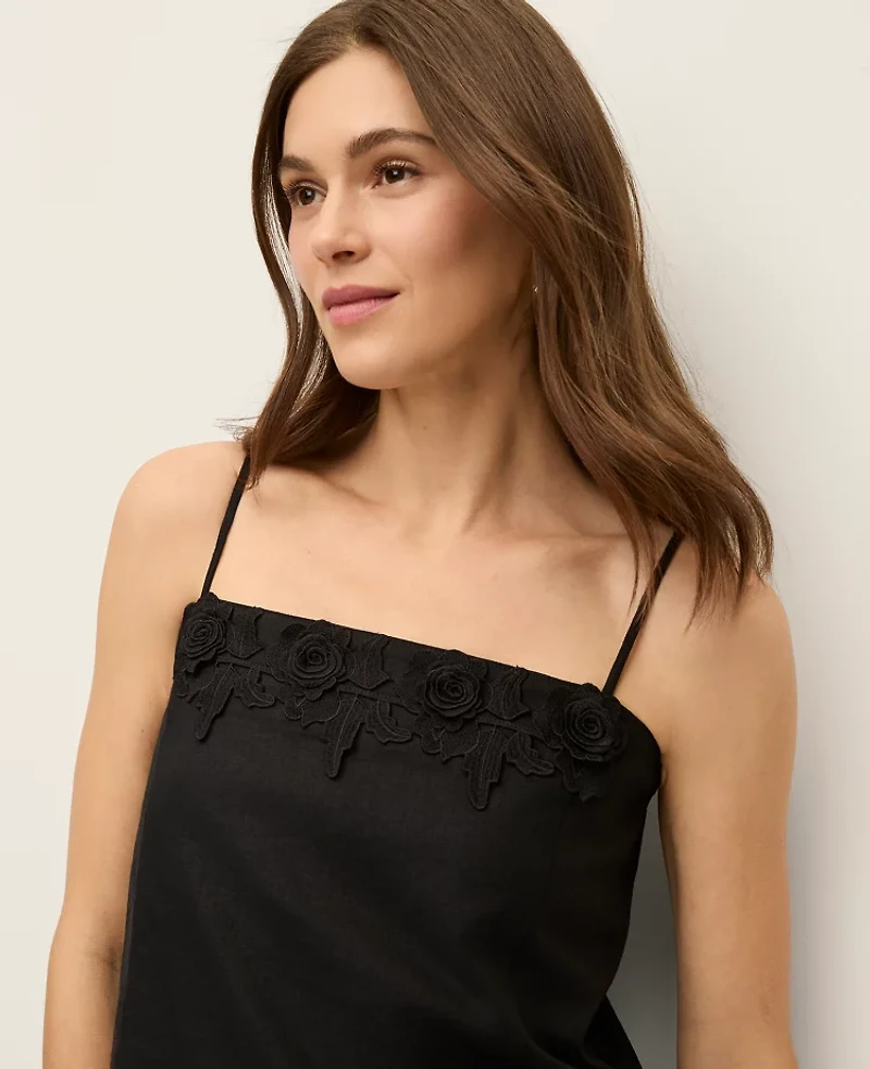 Ann Taylor Floral Appliqué Linen Blend Tank Top Black Women's