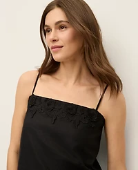 Ann Taylor Floral Appliqué Linen Blend Tank Top Black Women's