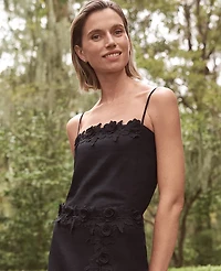 Ann Taylor Floral Appliqué Linen Blend Tank Top Black Women's