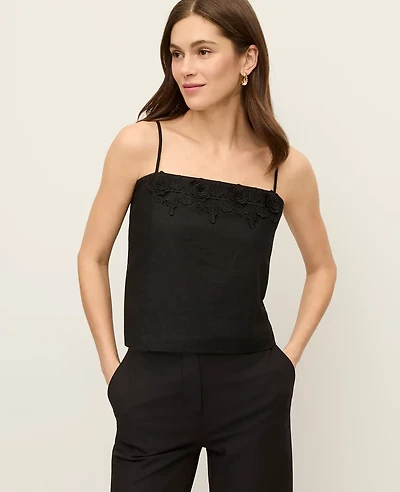 Ann Taylor Floral Appliqué Linen Blend Tank Top Black Women's