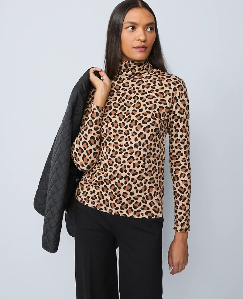 Ann Taylor Weekend Collection Animal Print Turtleneck Top Cafe Au Lait Women's