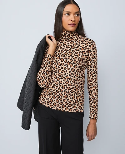 Ann Taylor Weekend Collection Animal Print Turtleneck Top Cafe Au Lait Women's