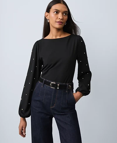 Ann Taylor Petite Mixed Media Embellished-Sleeve Top Women's