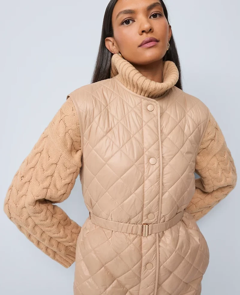 Ann Taylor Petite Weekend Collection Quilted Long Puffer Vest Cafe Au Lait Women's