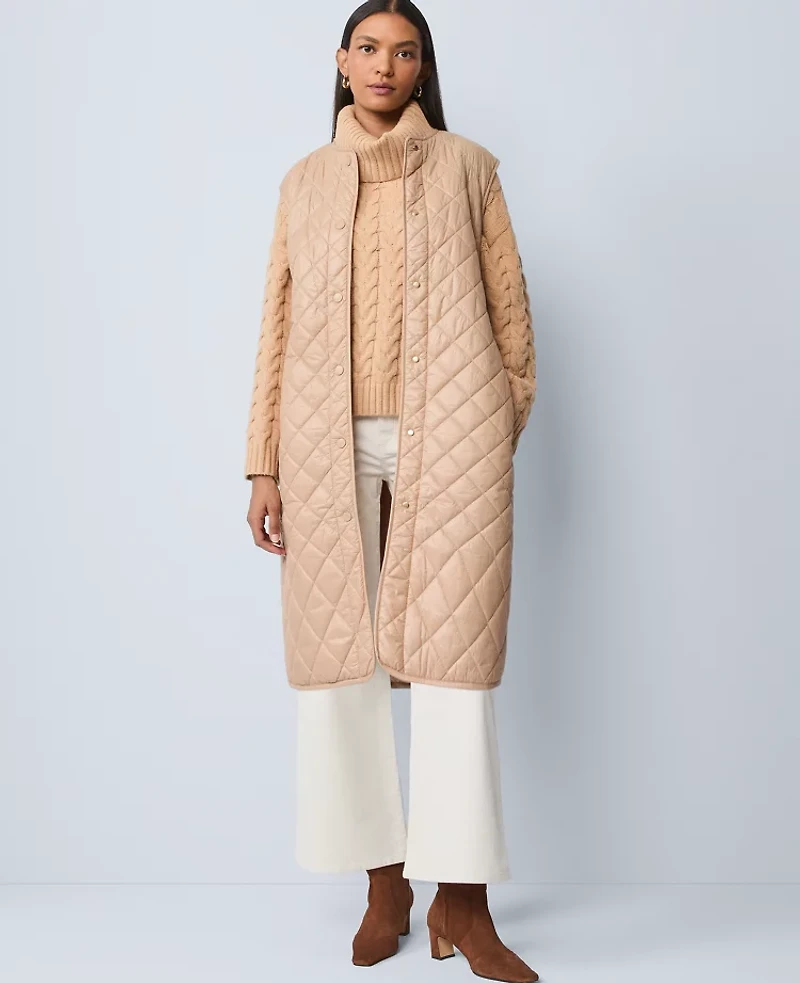Ann Taylor Petite Weekend Collection Quilted Long Puffer Vest Cafe Au Lait Women's