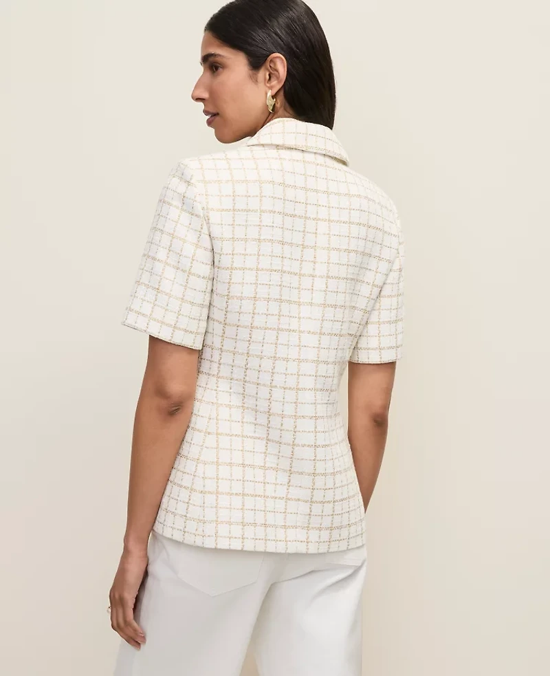 Ann Taylor The Short Sleeve Cutaway Jacket Metallic Tweed Gold/White Women's
