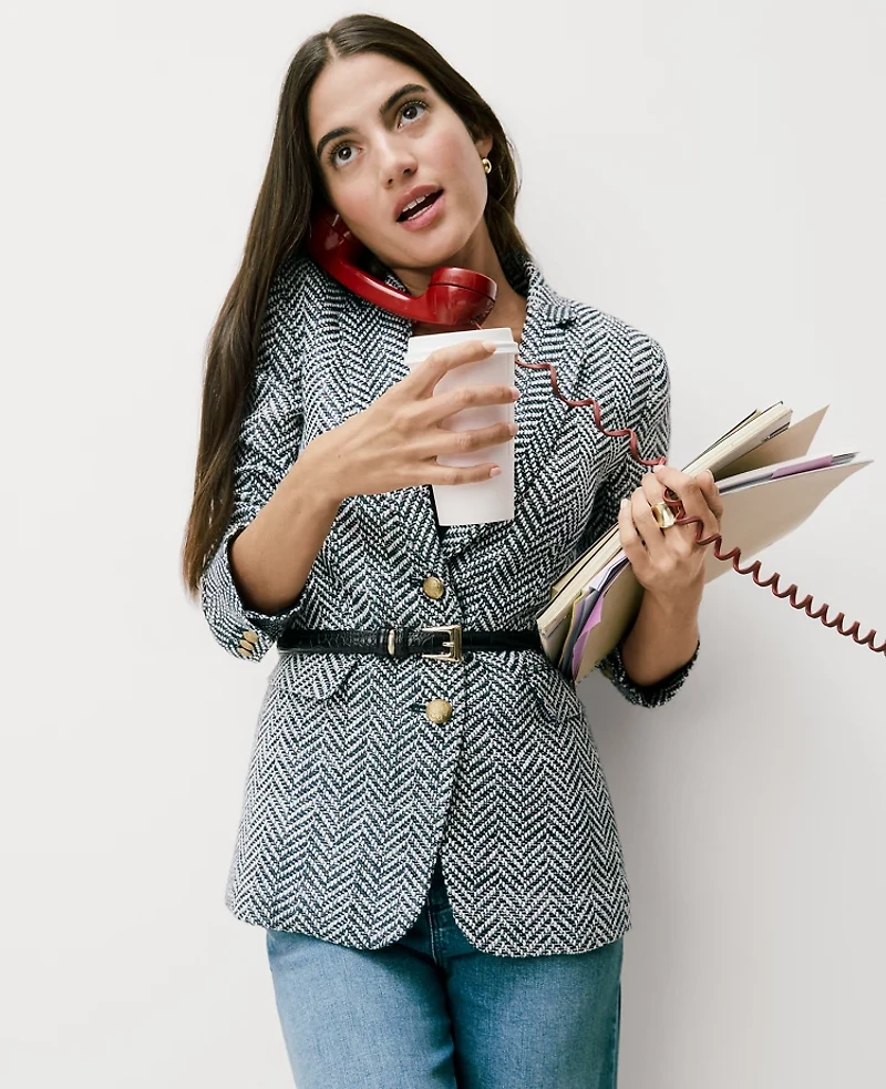 Ann Taylor The Petite Greenwich Blazer Herringbone Tweed Speckled Navy/White Women's