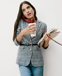 Ann Taylor The Petite Greenwich Blazer Herringbone Tweed Speckled Navy/White Women's