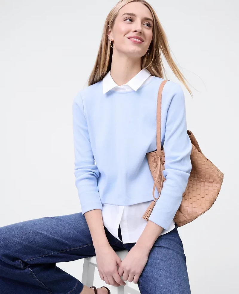 Ann Taylor Weekend Collection Layered Mix Media Top Cashmere Blue Women's