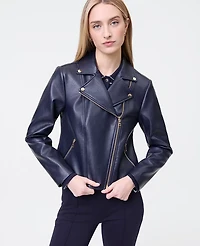 Ann Taylor Petite Weekend Collection Fitted Moto Jacket Faux Leather Night Sky Women's