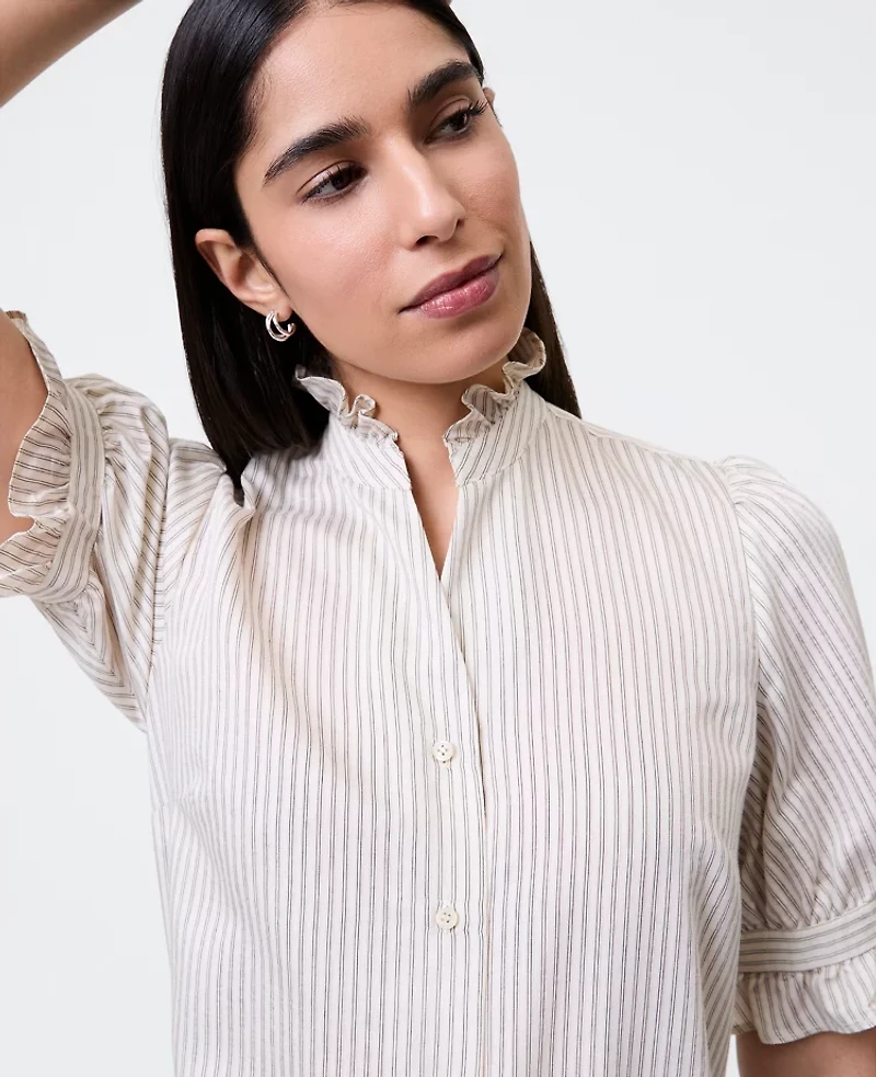 Ann Taylor Striped Ruffle Collar Shirt Ivory Women's