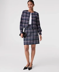 Ann Taylor The Petite Crew Neck Jacket Plaid Tweed Pink/Blue Women's