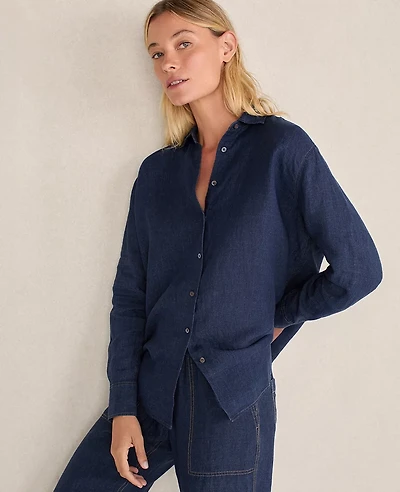 Ann Taylor Haven Well Within The Daily Shirt Linen Night Navy Women's