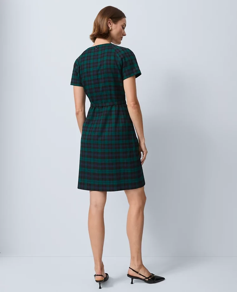 Ann Taylor Petite Plaid Belted Sheath Dress Rainforest Women's